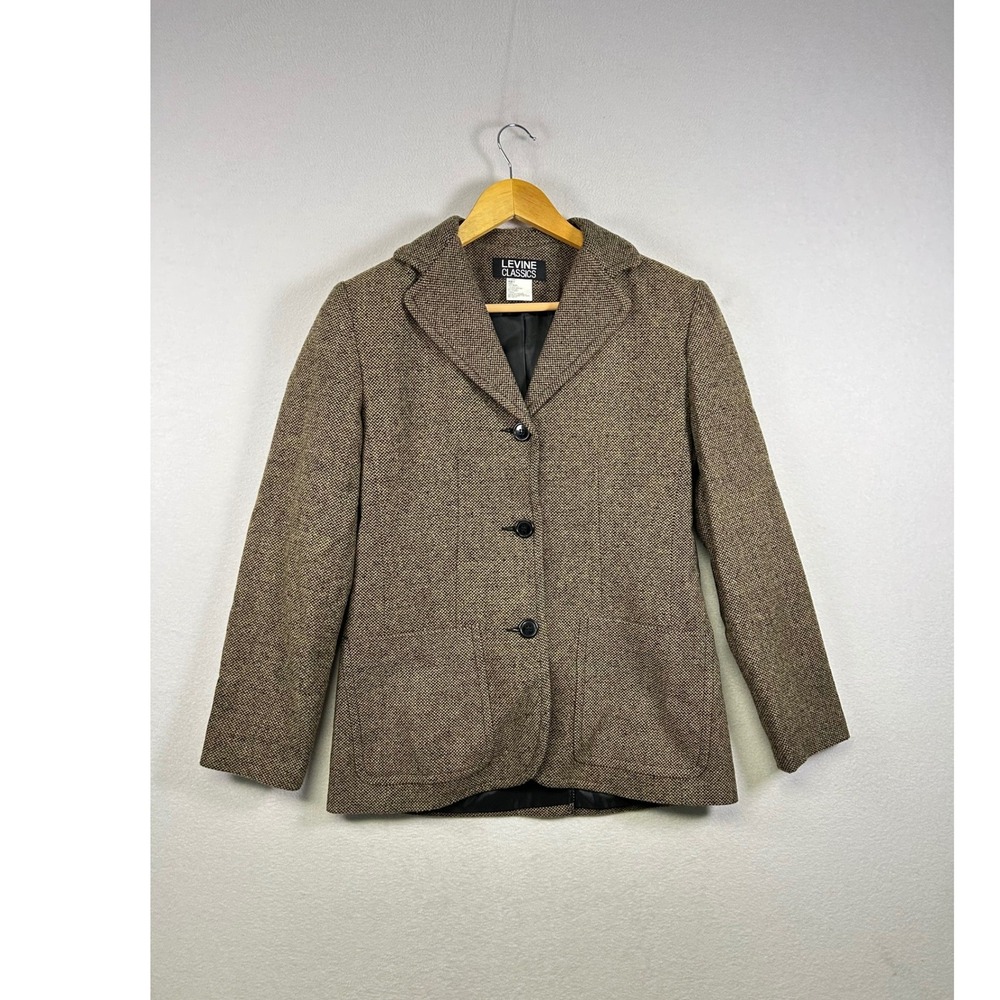 Levine Classics Tweed Blazer Womens 4‎ Brown Wool Blend 3 Button Jacket Vintage